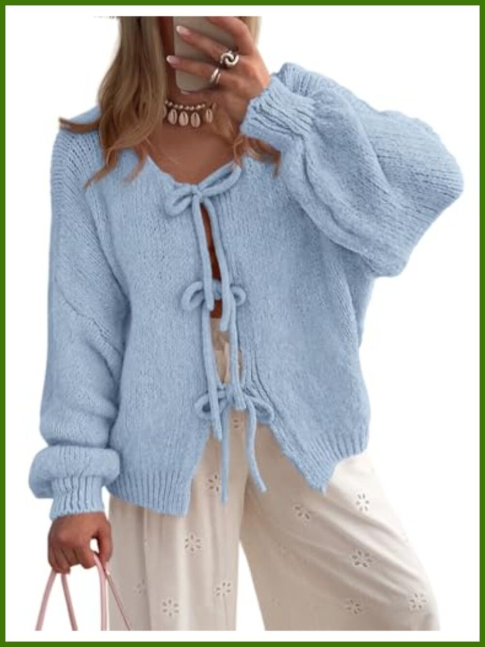Women's Tie Front Bow Cardigan Sweater Chunky Cable Knit Puff Sleeve